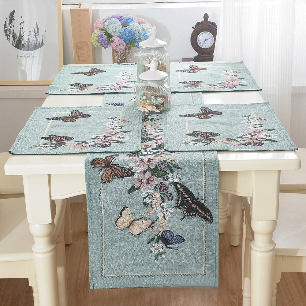 Pastoral Style Floral Embroidered Placemat Jacquard Fabric Blending Butterfly & Flower Placemats Set of 4 window image