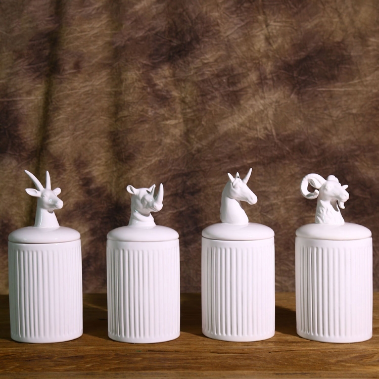 Contemporary Cylinder 4-Piece Ceramic Kitchen Storage Canister Set with Animal Lid in Ivory window image