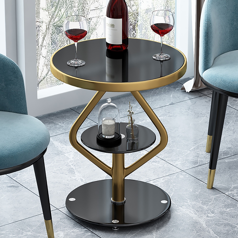 Modern Round End Table Tempered Glass Tabletop with Shelf window image