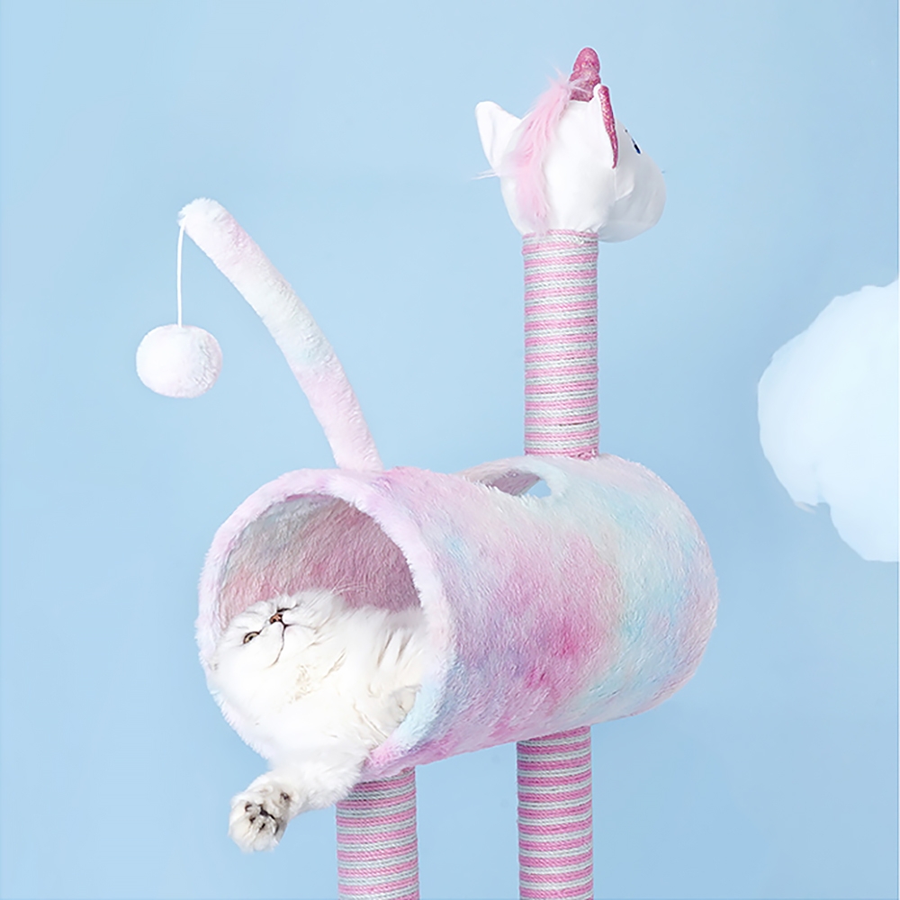 41" Unicorn Cat Tree Tunnel Claw-Scratch Post Sisal Teasing Ball Irridescent window image