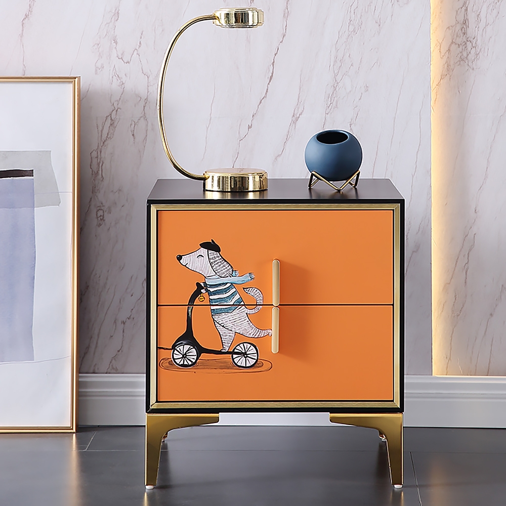 Orange & Black Nightstand with 2 Drawers Contemporary Paint Pattern Gold Pulls window image