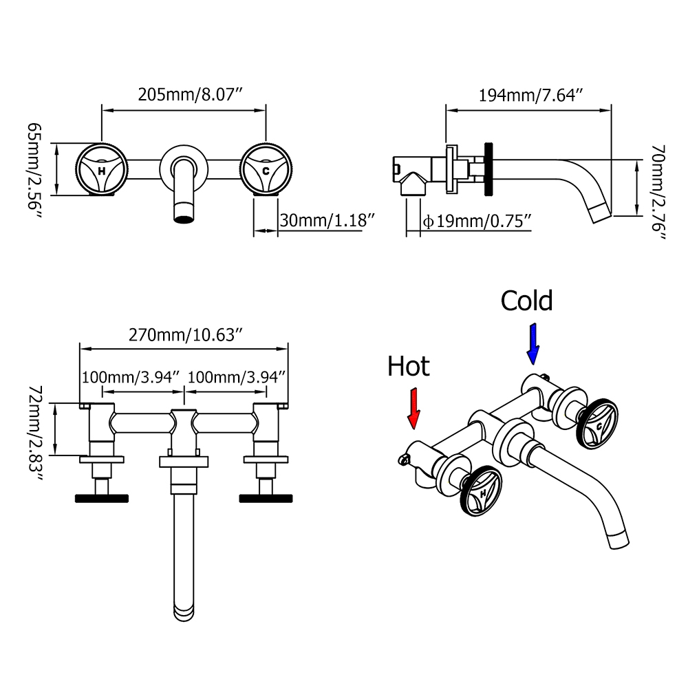Ave Industrial Wall Mount Bathroom Mixer Tap 2 Wheel Handles Solid Brass in Chrome window image