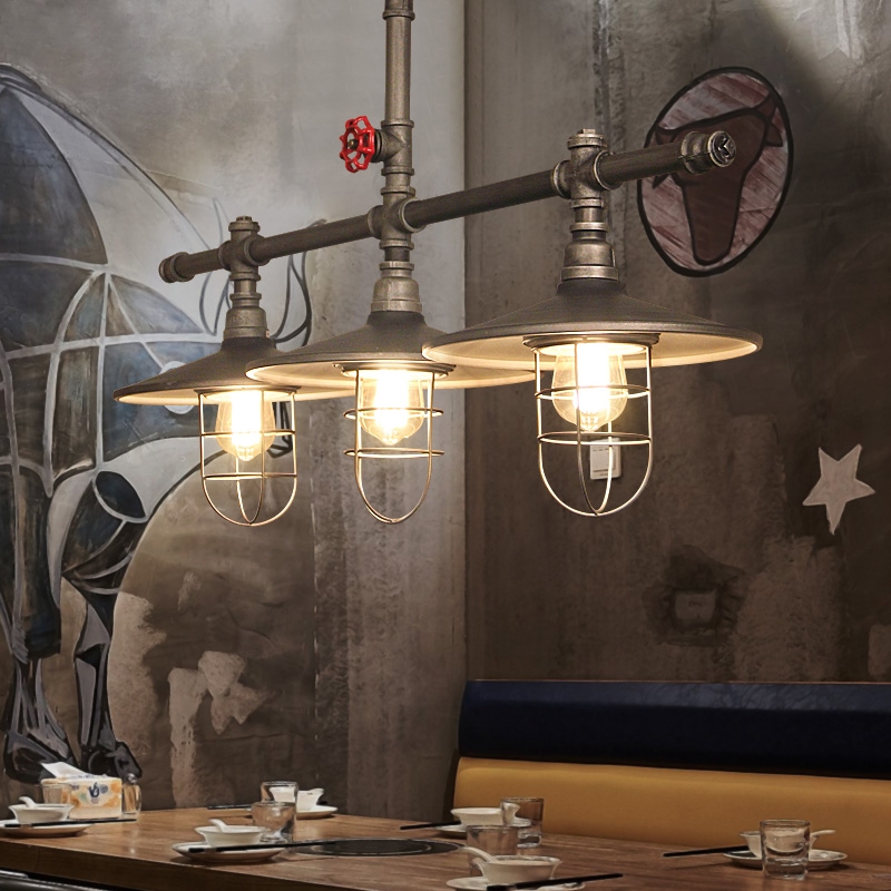 Enoch Industrial Loft Metal Water Pipe Cone Shade 3-Light Linear Island Pedant Light with Wire Cage in Gray window image