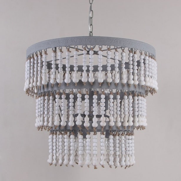 Rustic Farmhouse 3-Tier White Wooden Bead Embossed Metal Band 6-Light ...
