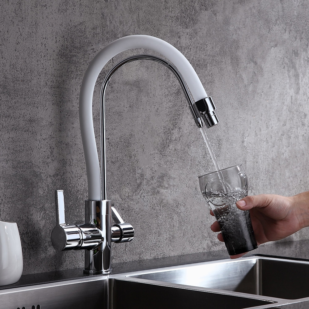 Modern Dual White Pull-Down Spray Filter Water Tap Monobloc Kitchen Tap Double Lever Handles in Chrome Finish window image