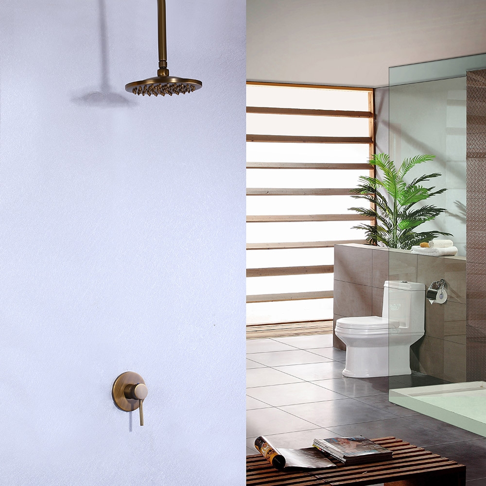 Brewst Antique Brass Ceiling Rain Shower Head Only Wall-Mount Shower System & Single Lever window image