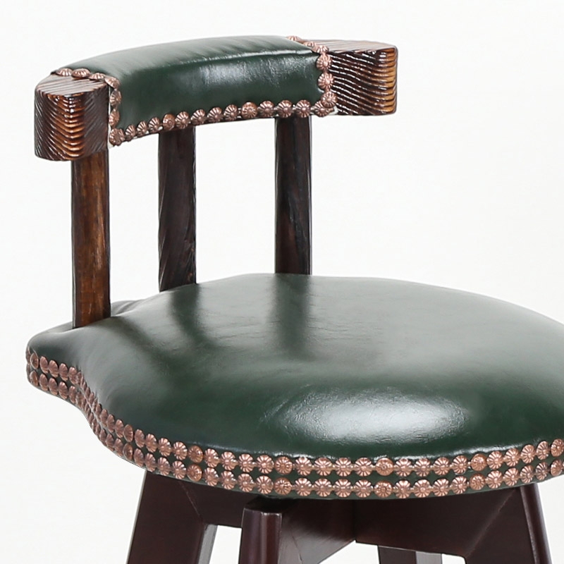 Retro Rustic Swivel Bar Stool Leather Wood Bar Stool with Back Round Nail Heads Seat Cushion in Green window image