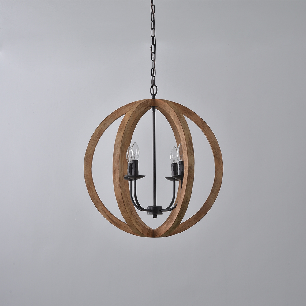 Rustic Vintage 4 Lights Brown Wood Globe Orb Chandelier Rust Metal Candle Light window image