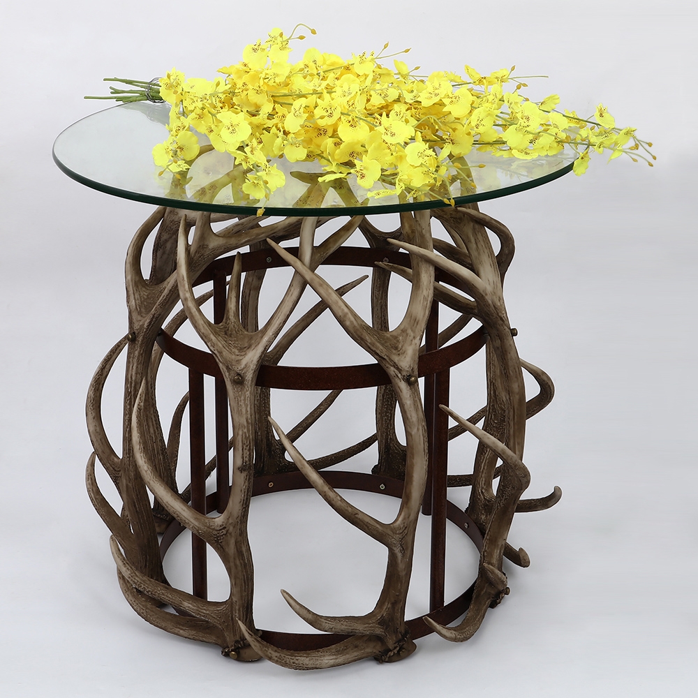 Rustic 24" Glass Side Table Round Antler Table Decorative Antler Drum Base Accent Table window image