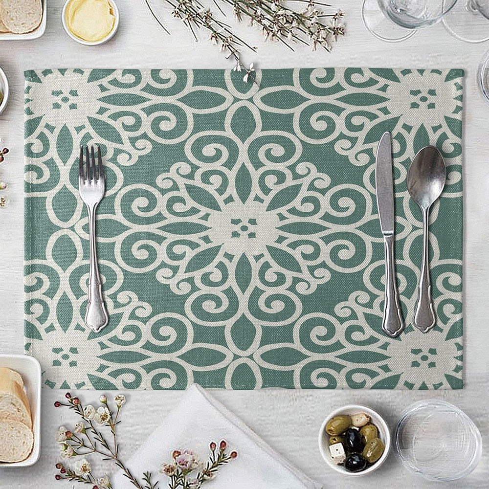 Contemporary Minimalist Design Rectangle Washable Placemats Geometric Pattern Cotton Linen in White & Green Style A Set of 6 window image