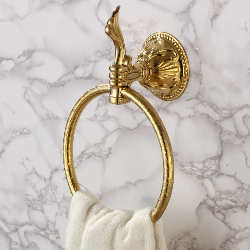 Atre Luxury Round Wall Mounted Single Towel Ring for Bathroom in Gold Finish Solid Brass window image