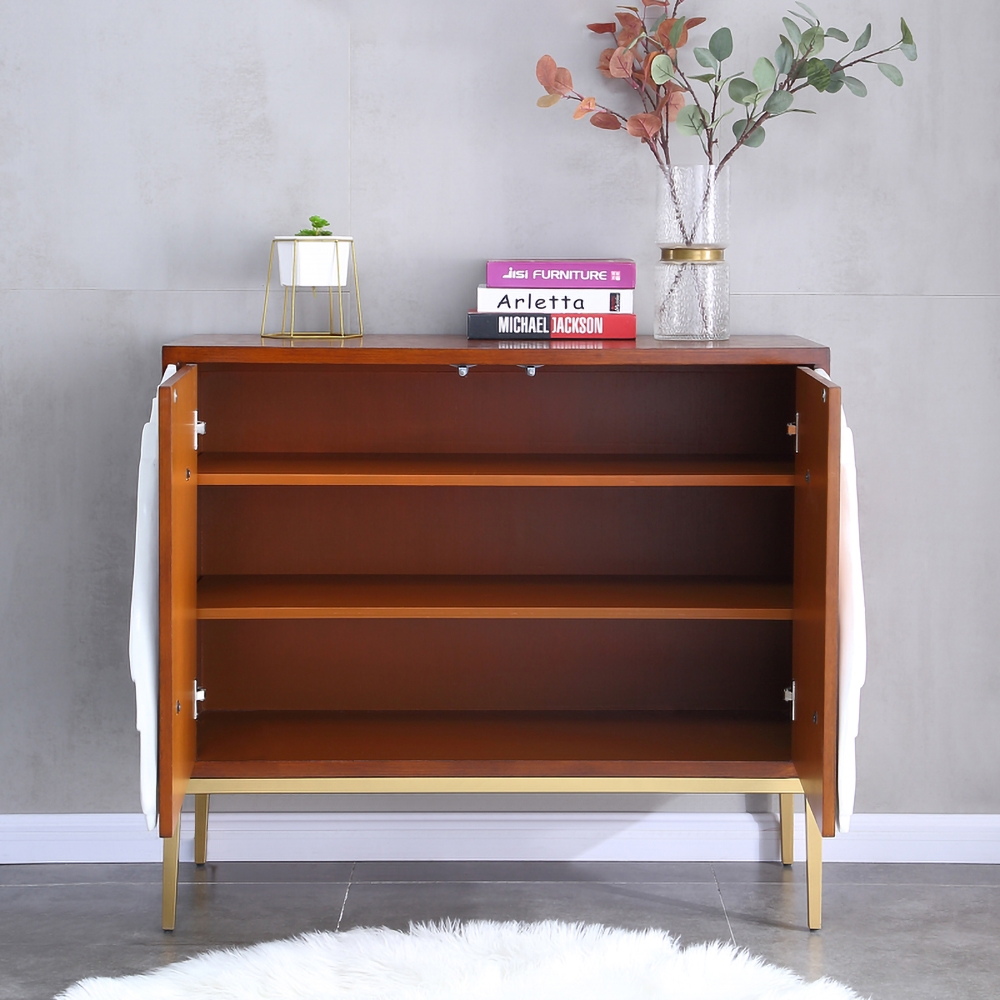 Modern Walnut&White Cabinet Feathered Rectangular Kitchen Cabinet with 2 Interior Shelves and Doors Stainless Steel window image