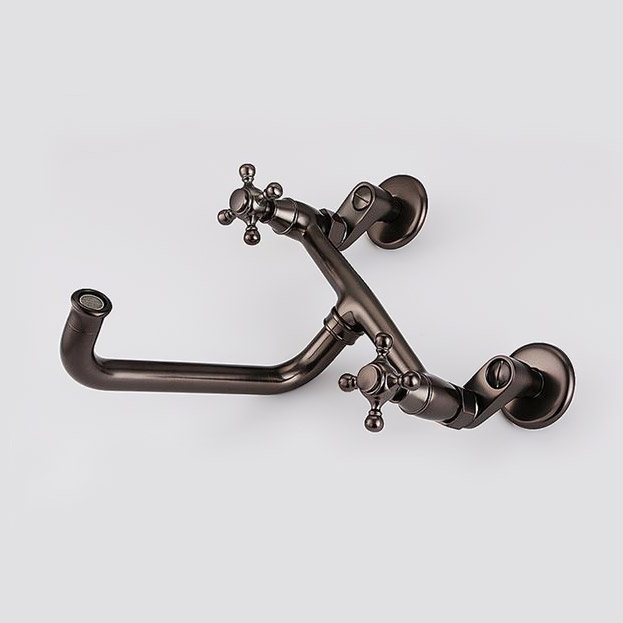 Classic Aerated Spout Wall-Mounted Double Cross Handle Kitchen Faucet Solid Brass in Oil Rubbed Bronze window image