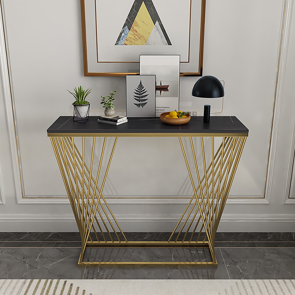 Black Rectangular Narrow Console Table Modern Sintered Stone Accent Table Metal in Gold window image