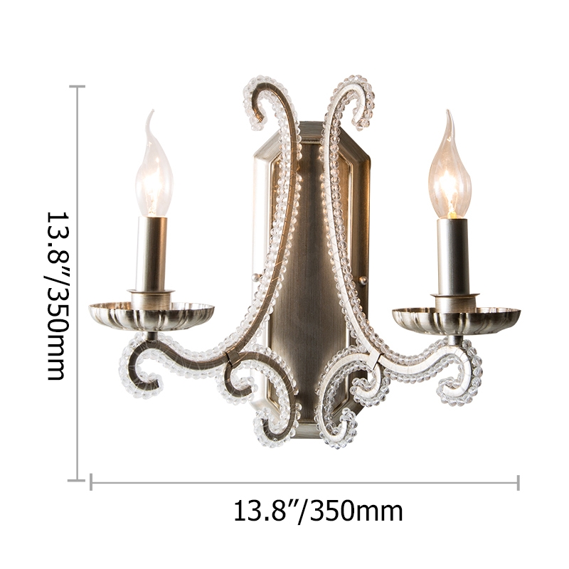 French Country Wall Light Clear Crystal Candle Indoor Wall Light 2-Light in Distressed Brushed Nickel window image