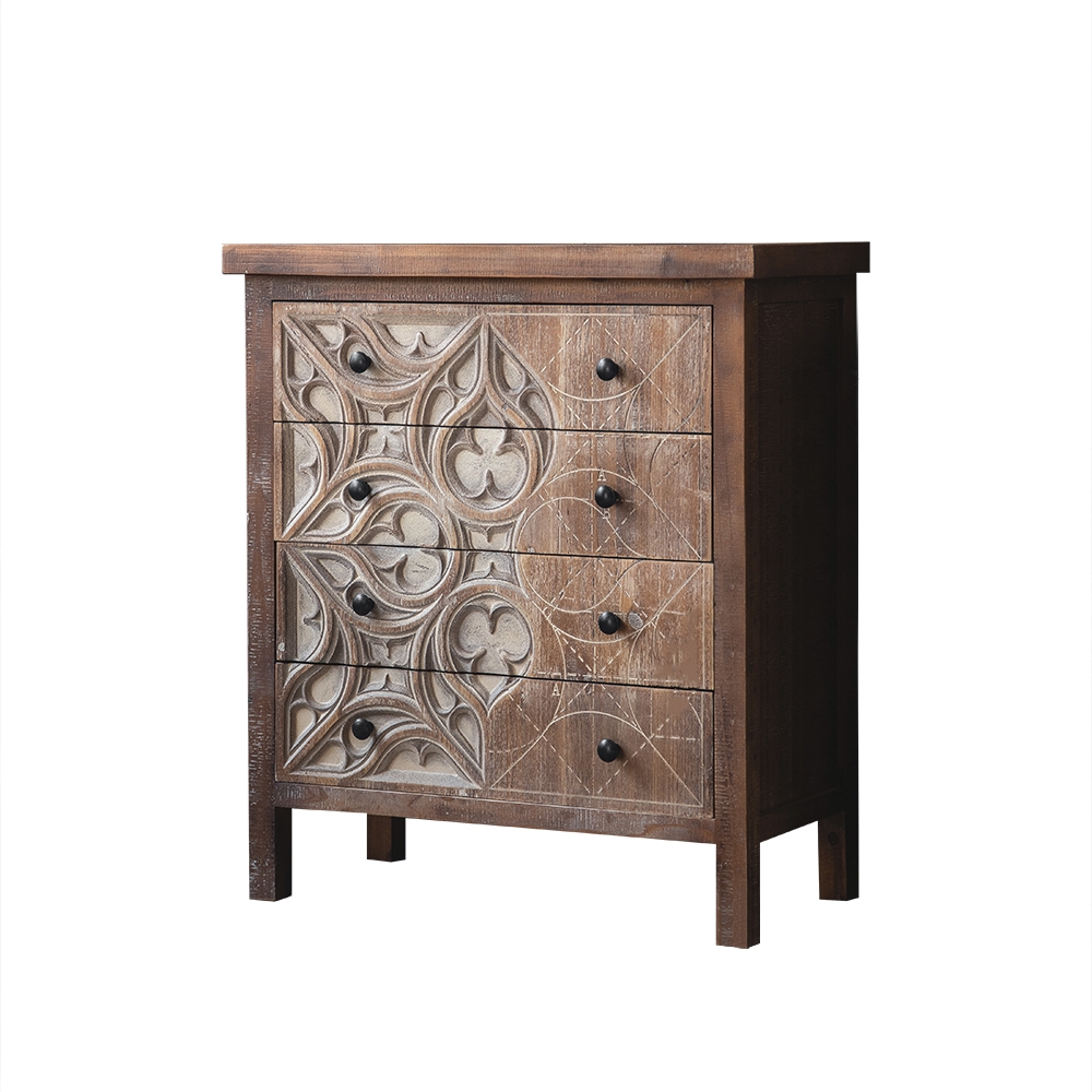 Rustic Walnut Cabinet Carved and Painted Patterns Chest of 4 Drawers window image