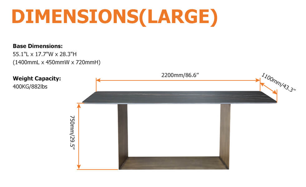 Table de salle à manger rectangulaire moderne de 87 po en pierre frittée en laiton antique Poids, dimensions, image