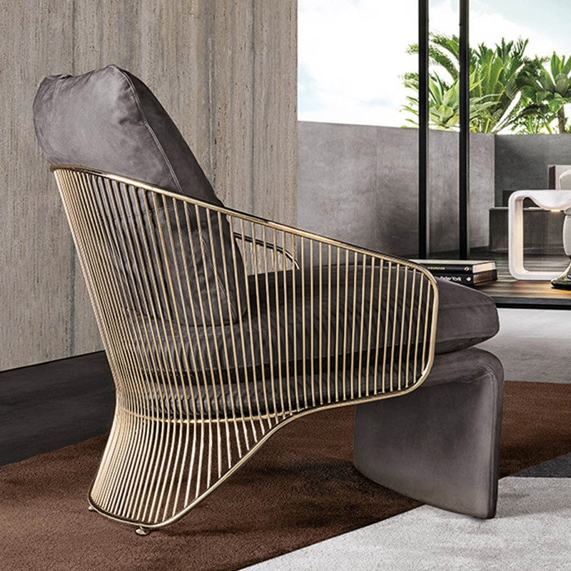 Mid-century Gray Velvet Accent Chair Upholstered Armchair Gold Stainless Steel Frame with Pillow Back window image