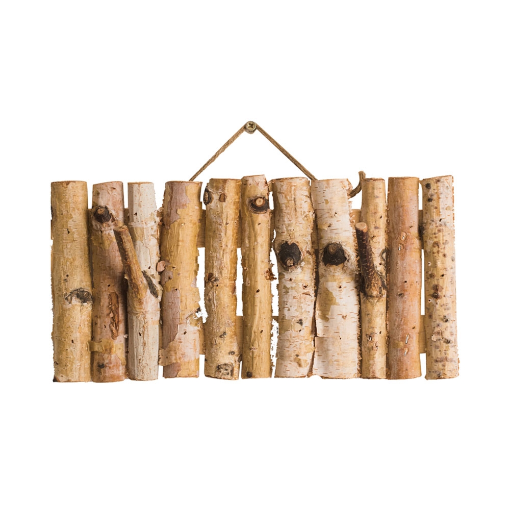 Farmhouse Rustic Rectangular Natural Birch Wood Coat Rack Wall Mounted Hook Rack with 2 Hooks window image