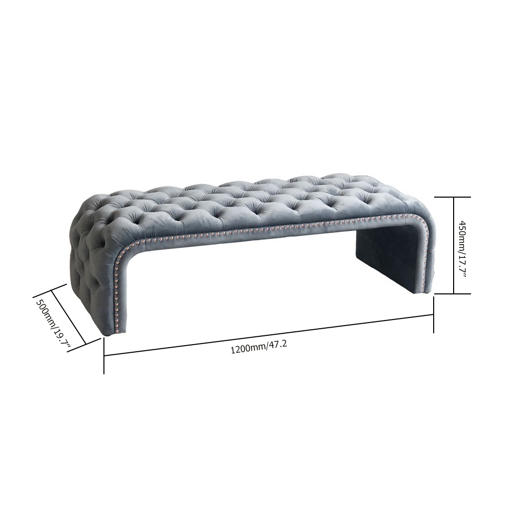 Tufted Bench Blue Velvet Upholstered Bench Ottoman Bench Mid-Century Bench window image