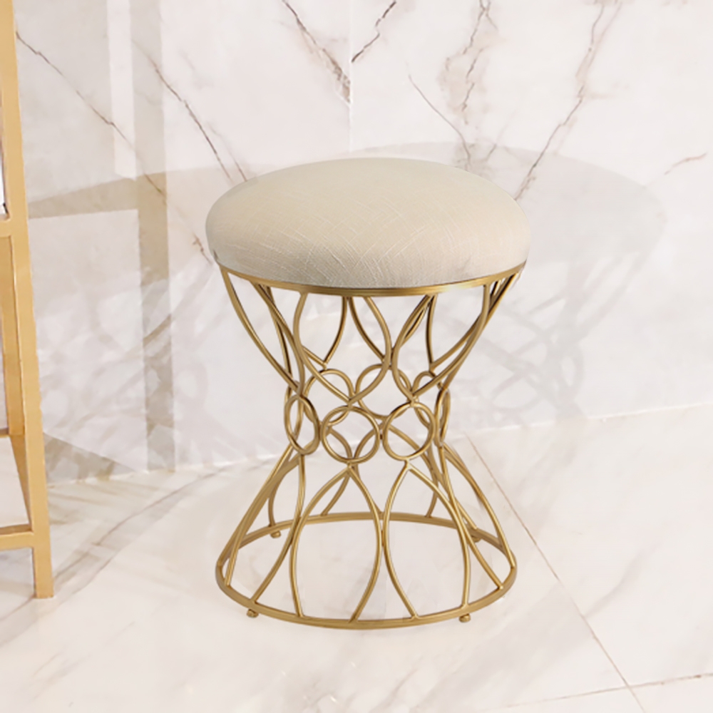 Beige Round Makeup Vanity Stool Linen Upholstered Ottoman Stool Gold Base window image