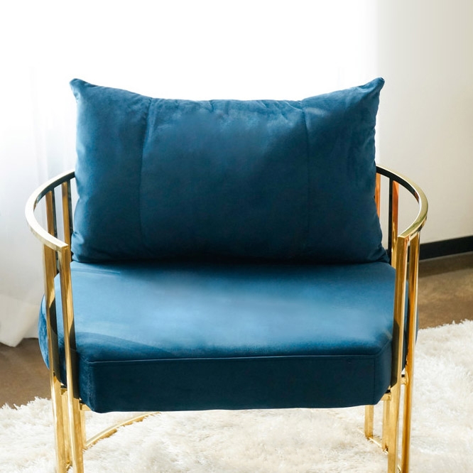 Gold Accent Chair Blue Velvet Barrel Chair with Pillow Back & Cushion Stainless Steel Frame window image