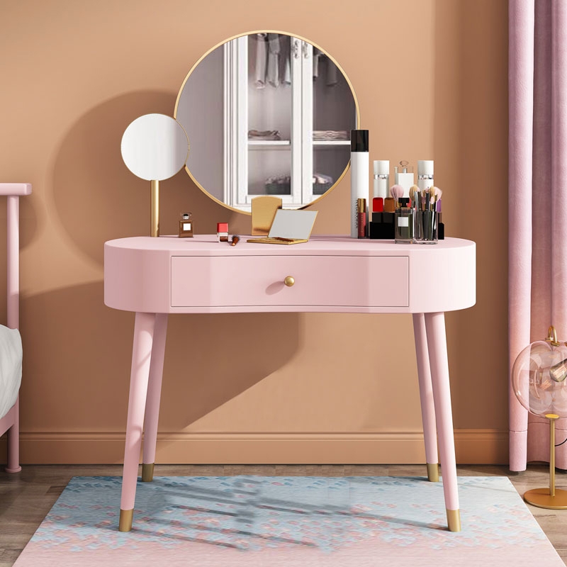 Elegant Makeup Vanity Table Set 2 Mirrors with Drawer & Stool Brushed Gold Pink window image