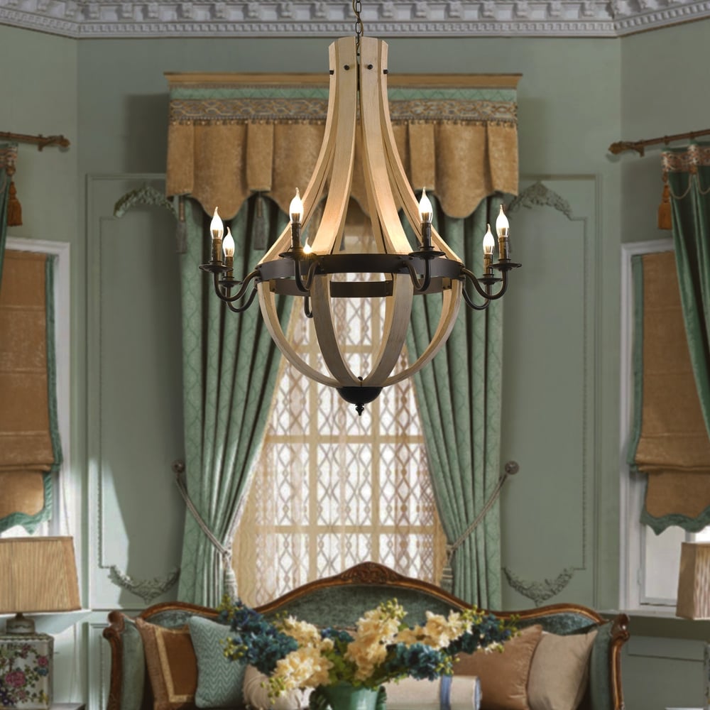 Rustic Reclaimed Wood & Black 5-Light Metal Chandelier with Candle Light window image
