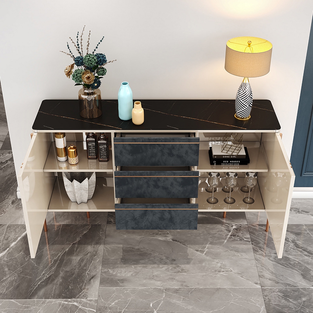 Contemporary White&Black Sideboard Buffet 3 Velvet Upholstery Drawers & 2 Doors and Shelves window image