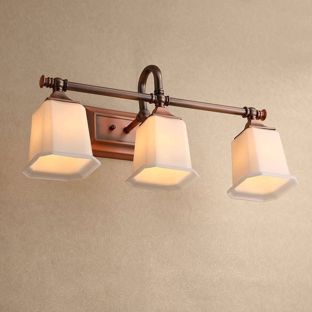 Retro Classic Antique Copper White Glass Square Shade 3-Light Indoor Lighting Bath Vanity Light window image