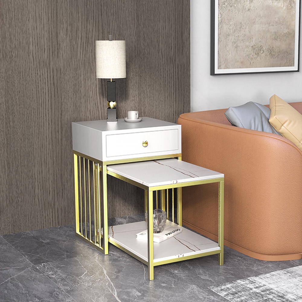 Modern Side Table Nesting End Table with Shelf & Drawer in Gold & White Sintered Stone window image