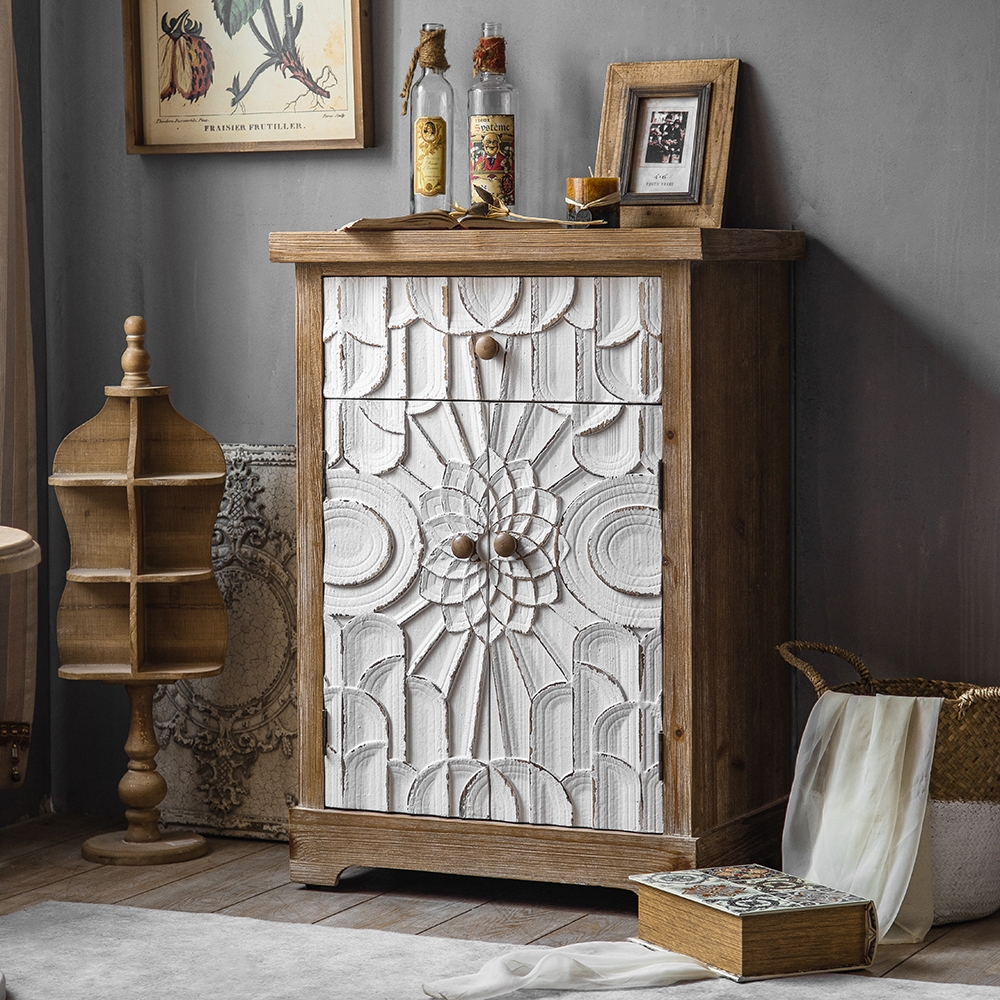 Rustic Distressed White Cabinet Carved Surface with Drawer & Doors window image