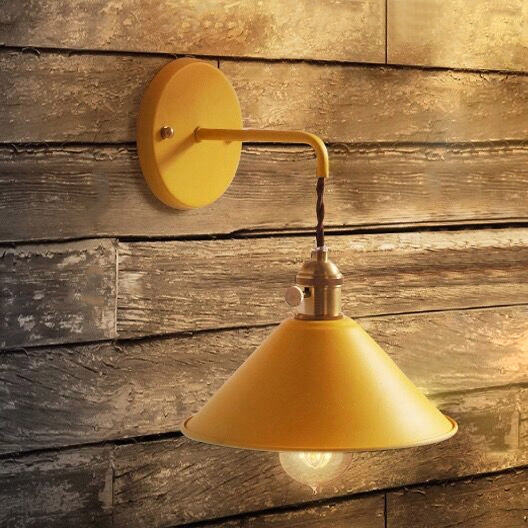 Minimalist Industrial Single Light Saucer Shade Metal Hanging Indoor Wall Sconce in Yellow window image