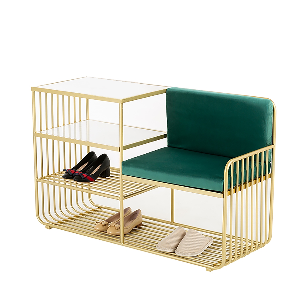 White Storage Entryway Bench Faux Marble Green Velvet Modern Bench with Shelf window image