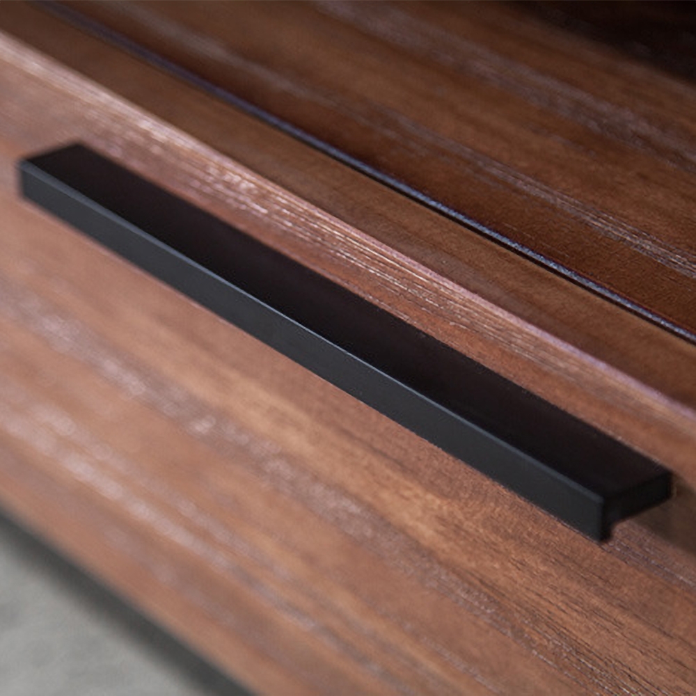 71" Industrial TV Stand Walnut Color and Black with 3 Drawer and Open Shelf window image