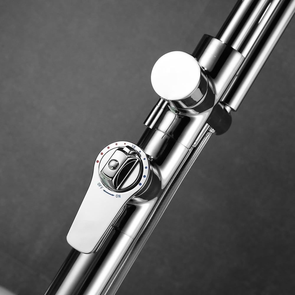 Modern Freestanding Thermostatic Bathtub Faucet High Arc Spout Floor Mount Bathtub Filler with Handshower Polished Chrome window image