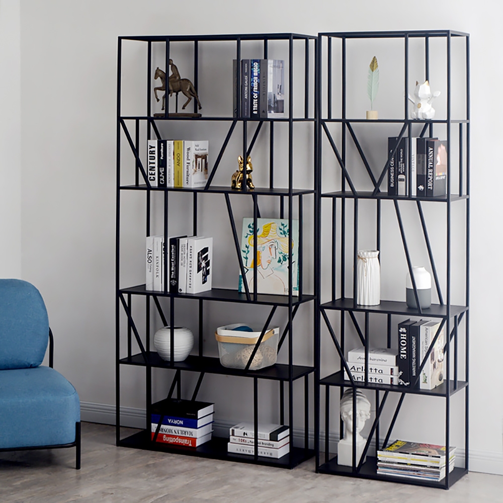 Black Modern Geometric Bookshelf Metal Shelving with 5-Tier Shelf window image