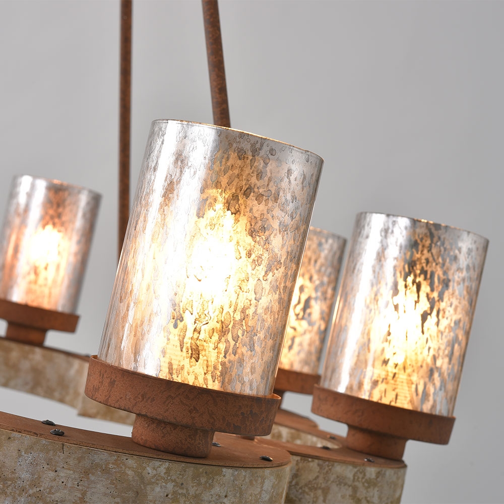 Eolic French Country Antique Mirrored Cylindrical Glass Shade Distressed Wood Frame 8-Light Chandelier Rust Metal window image