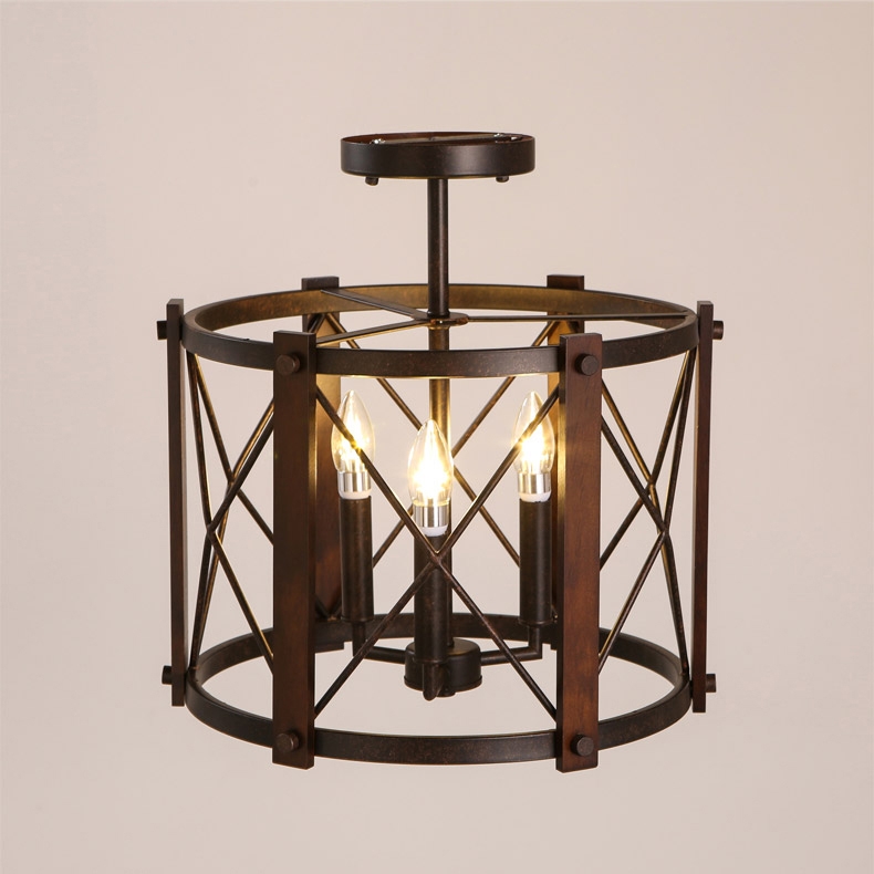 Retro Industrial 3-Light Drum-Shaped Metal & Wood Frame Semi Flush Ceiling Light in Rust window image