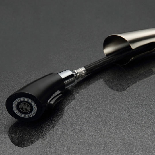 Single Handle Rotatable 1-Hole Pull Out Kitchen Faucet with Dual-Function Spray Solid Brass in Brushed Nickel window image