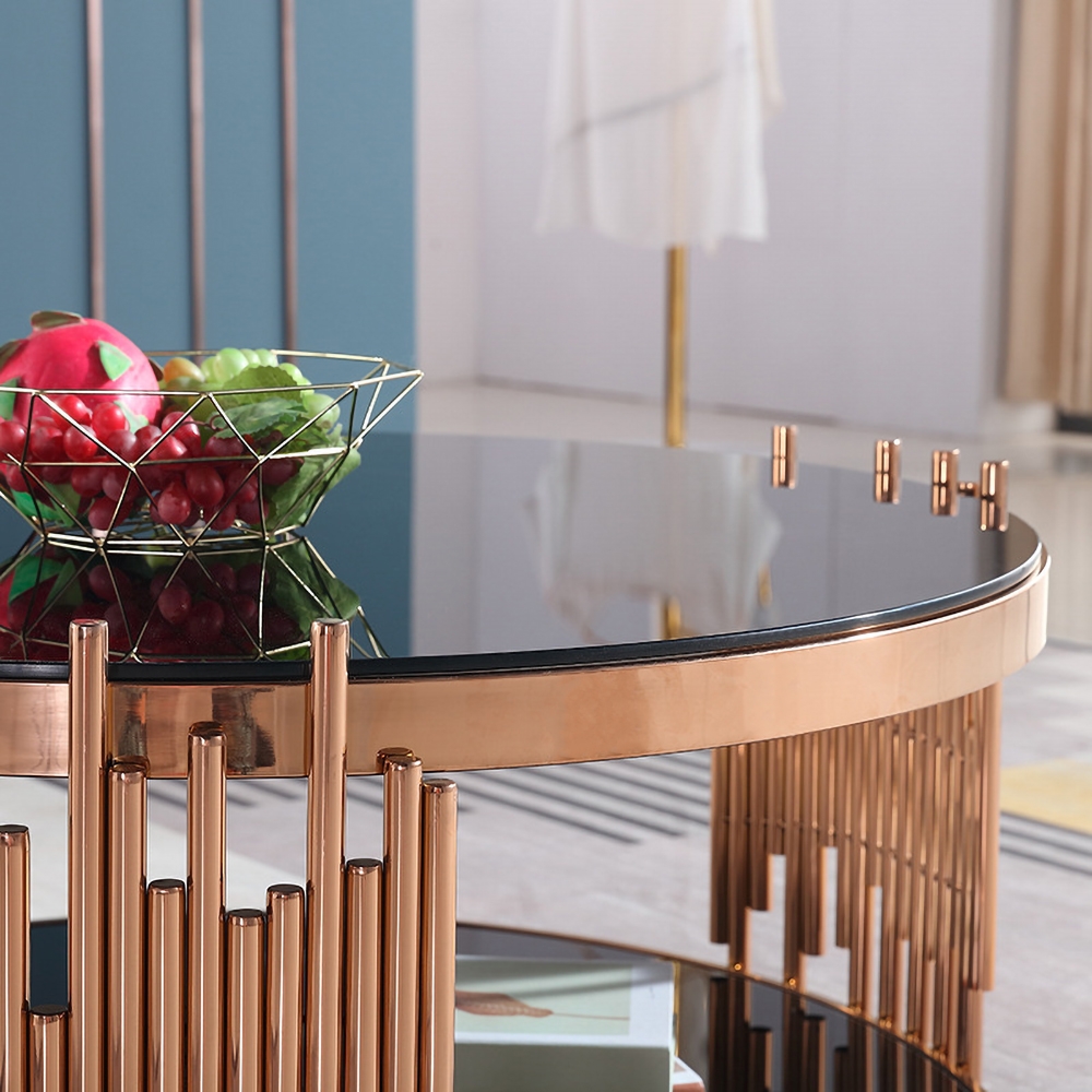 Black Modern Round Coffee Table Glass Top with Storage window image