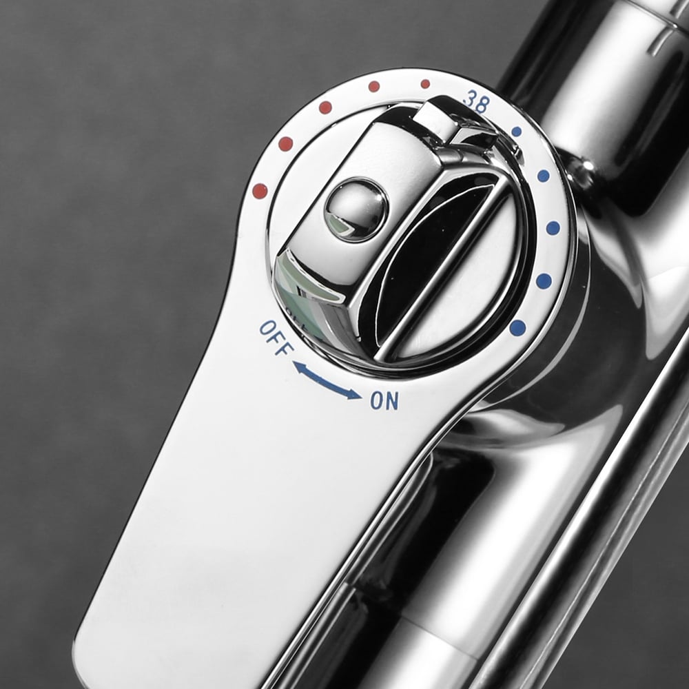 Modern Freestanding Thermostatic Bathtub Faucet High Arc Spout Floor Mount Bathtub Filler with Handshower Polished Chrome window image