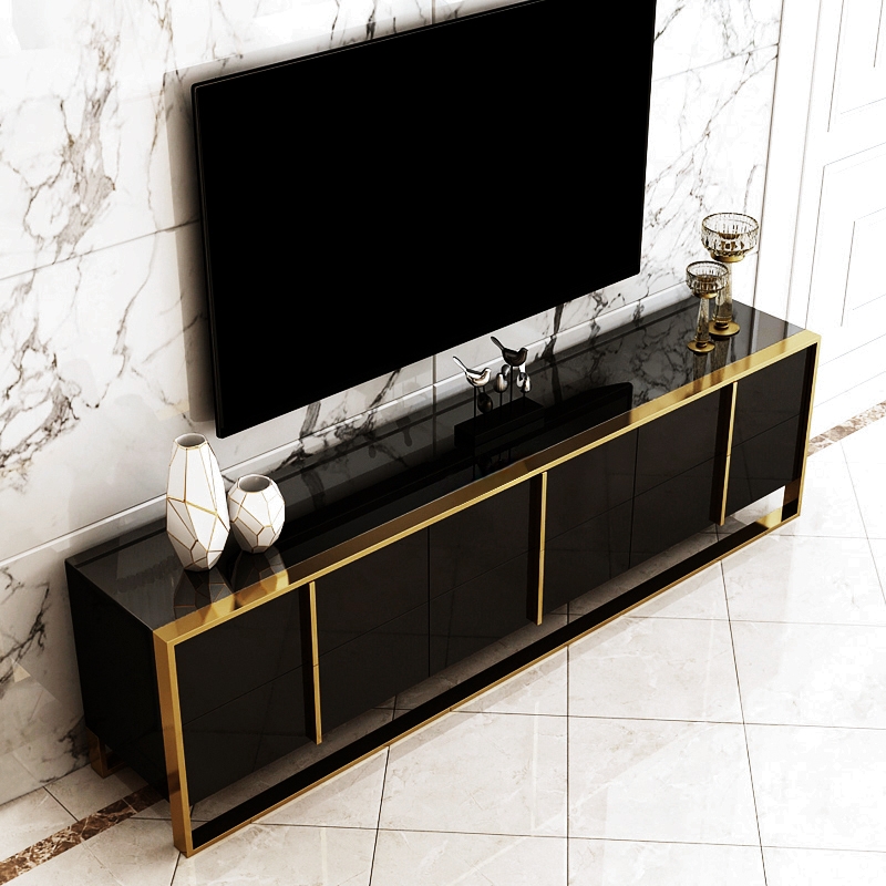 Rimh Zack Black 78" TV Stand Modern Gold Media Console with 6-Drawer & Glass Top window image