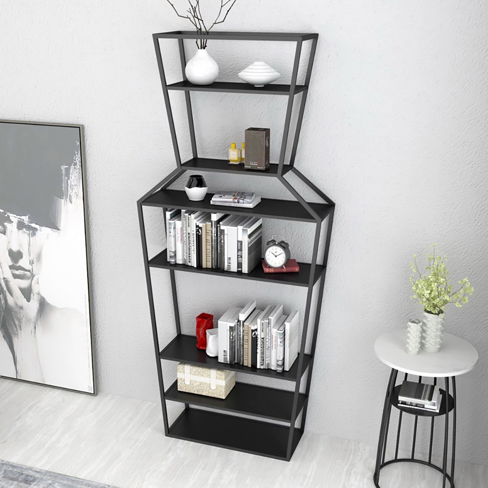 70" Black Metal Etagere Bookshelf Vase-Shaped Freestanding 7-Tier Shelf window image
