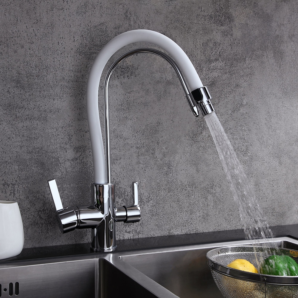 Modern Dual White Pull-Down Spray Filter Water Tap Monobloc Kitchen Tap Double Lever Handles in Chrome Finish window image