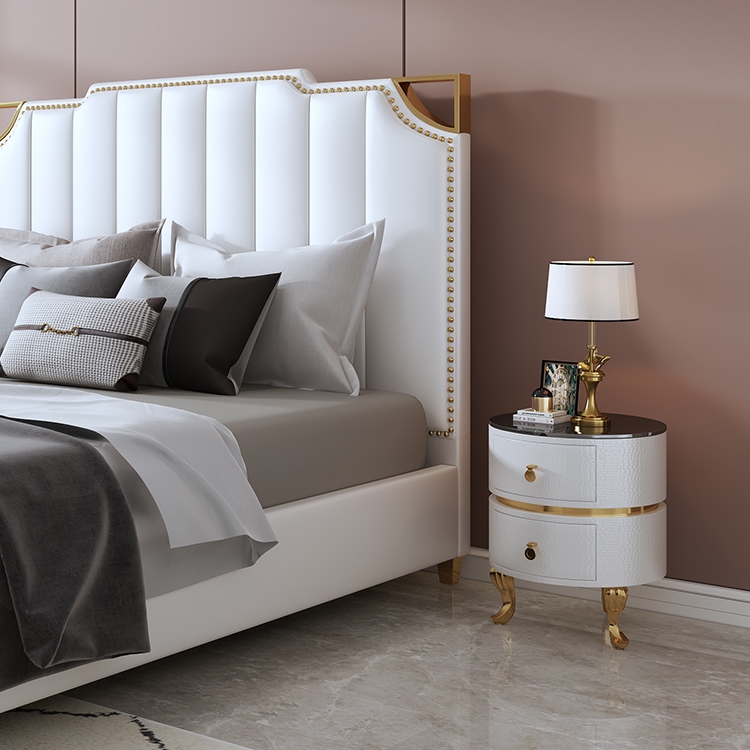 Modern Round White & Gold Microfiber Leather Nightstand with Drawers Glass Top window image