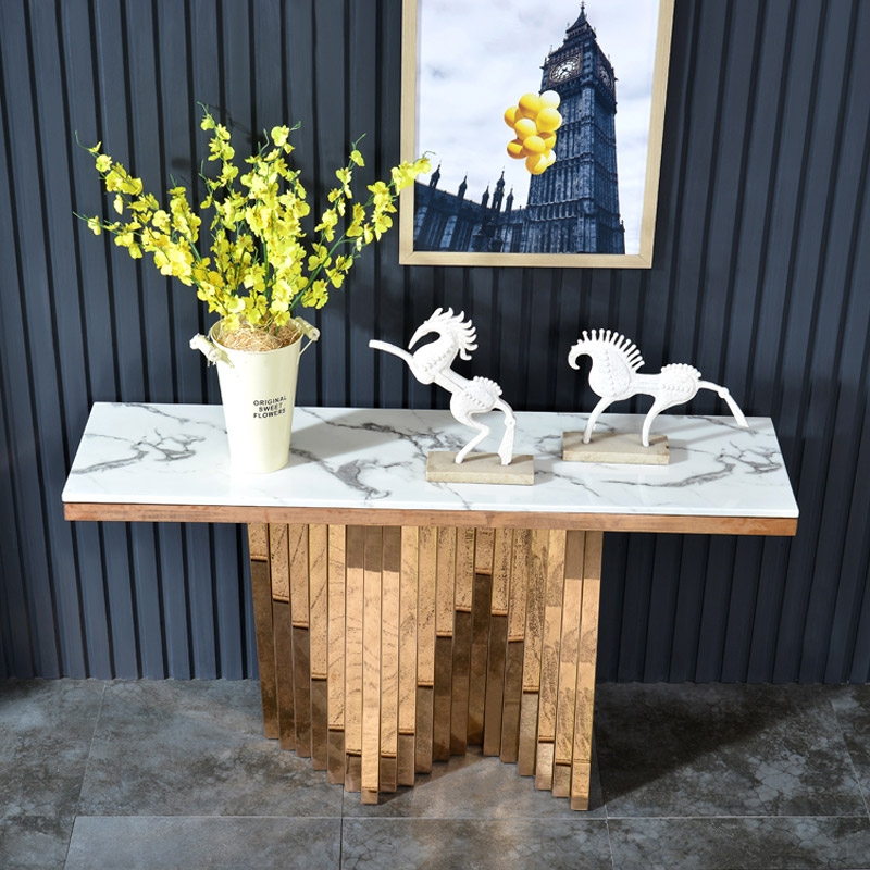 Moderne luxe stijl rechthoekige witte faux marmeren consoletafel in goud Vensterafbeelding
