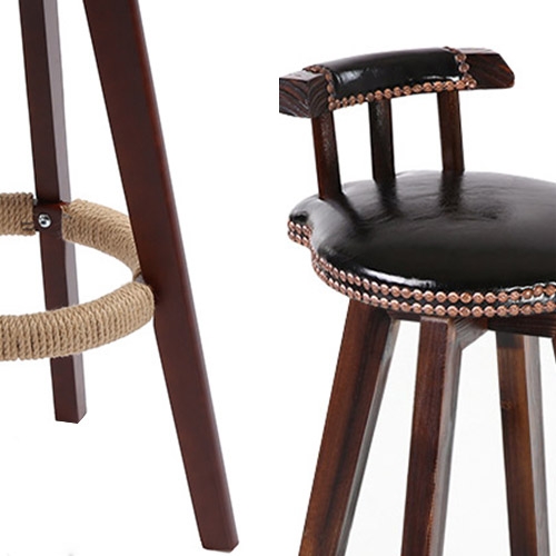 Retro Rustic Swivel Bar Stool Leather Wood Bar Stool with Back Round Nail Heads Seat Cushion in Black window image