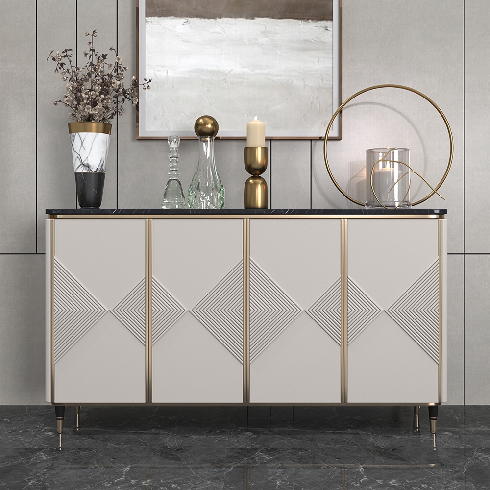 63" White Sideboard Buffet Black Faux Marble Top with Doors & Shelves Gold Finish in Large window image