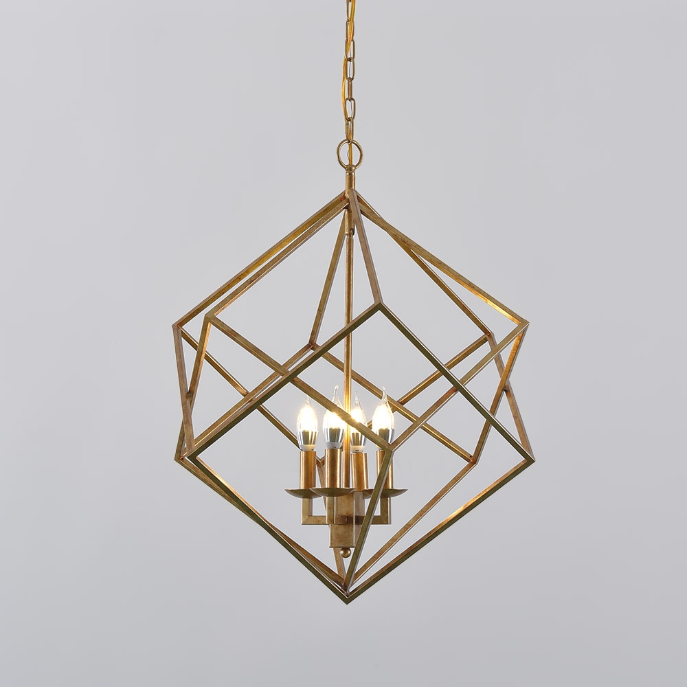 Modern Mid-Century Square Geometric Candle Chandelier 4-Light Antique Gold window image